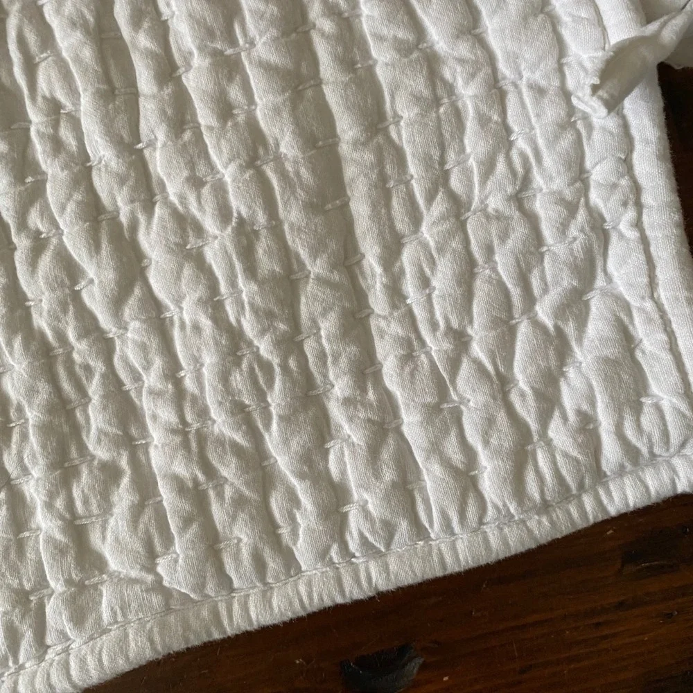 Pottery Barn White Pick Stitch Quilted Pillow Sham Cotton Linen Tie Closure